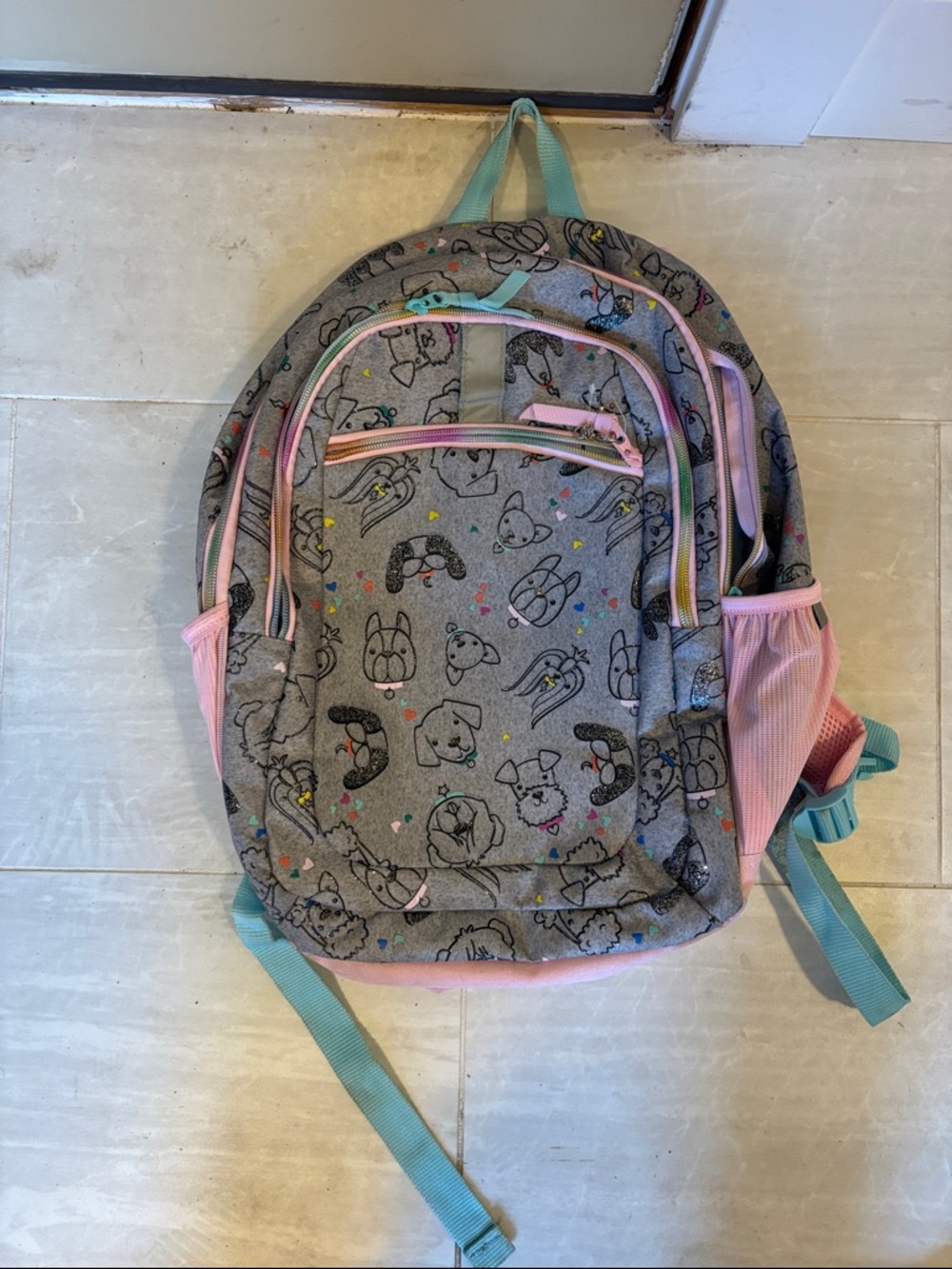 Kids Gray Animal Print Backpack with Pink & Teal Accents